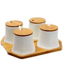 Elama Ceramic Spice, Jam and Salsa Jars with Bamboo Lids & Serving Spoons